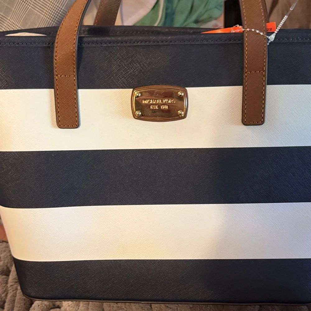 Michael Kors Navy and White Striped Tote with Brown Handles - Picture 3 of 7